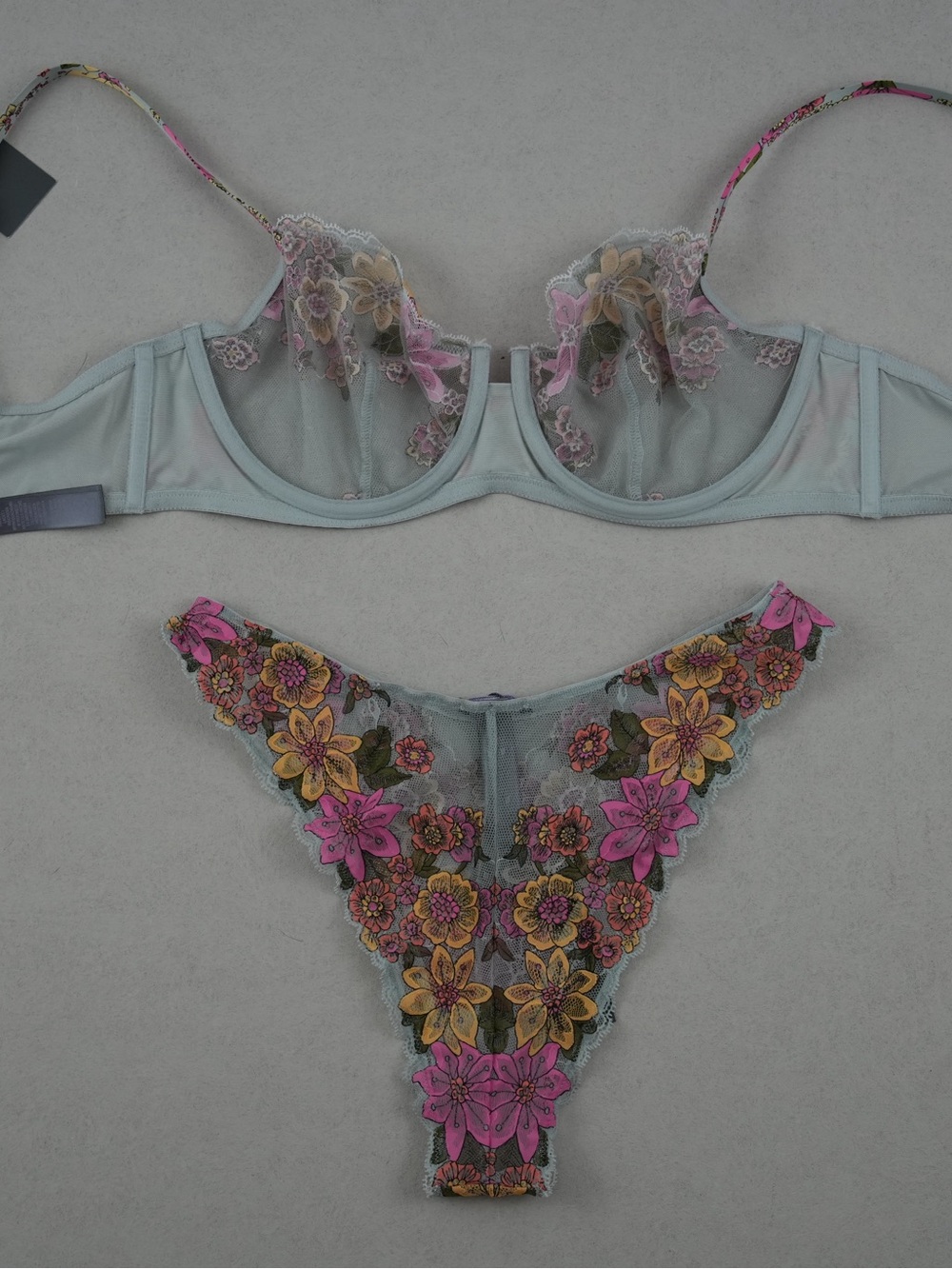 Savage X Fenty Floral Lace Underwire Bra & Thong Set in Mint with Pink & Yellow - Picture 4 of 7